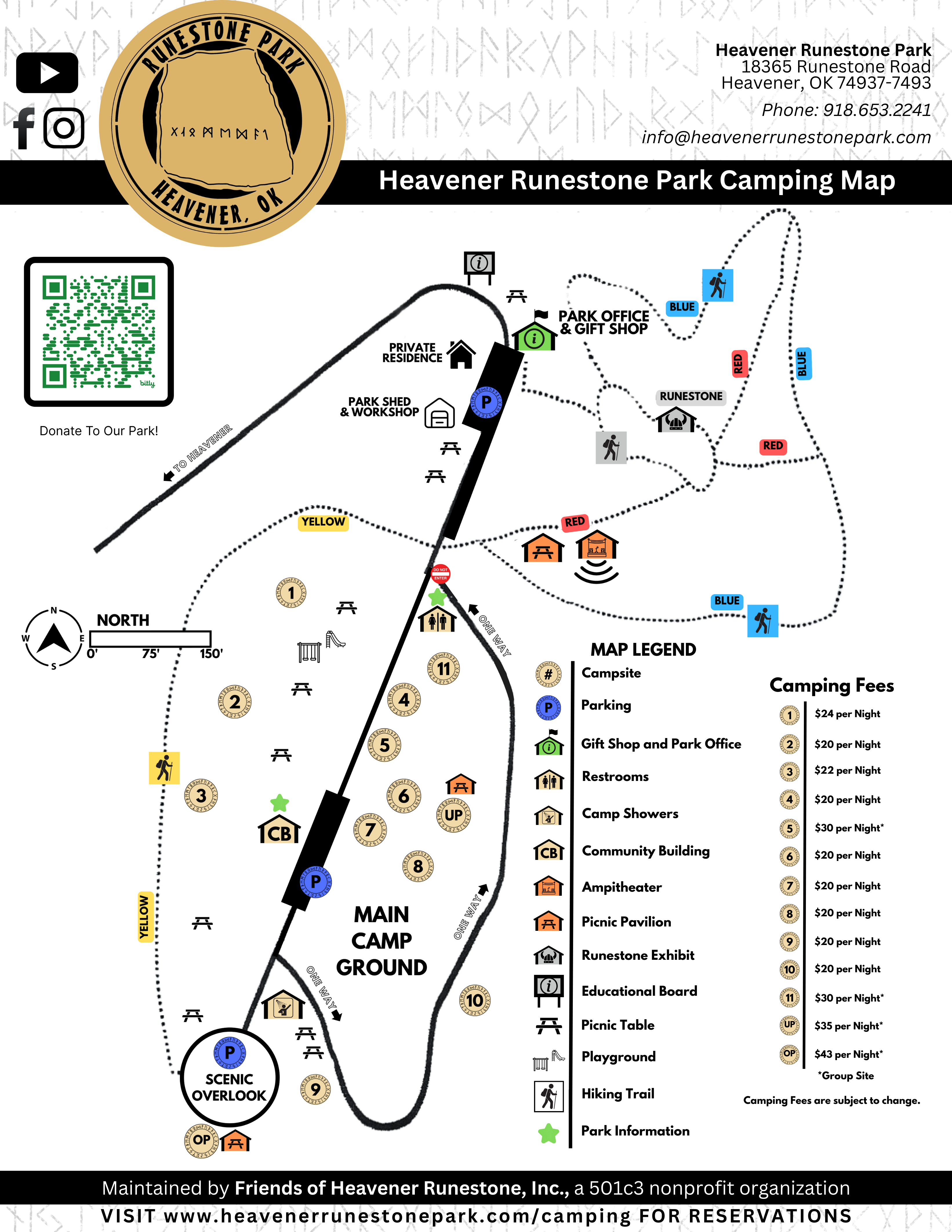 Heavener Runestone Park camping map with campsites, facilities, and hiking trails