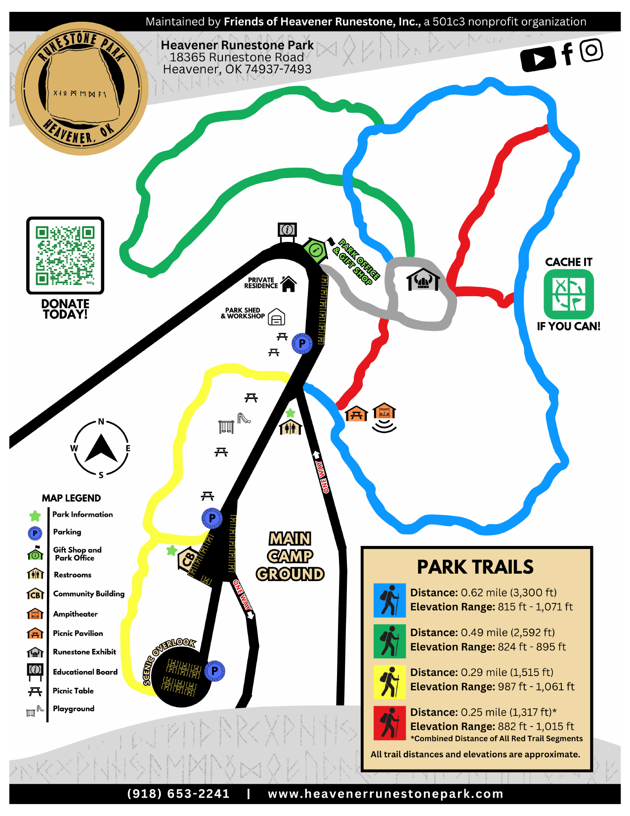 Heavener Runestone Park trail map showing four color-coded hiking trails